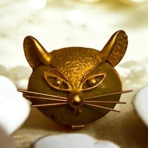 VTG Signed DeNicola Cat Face Green Yellow Brooch